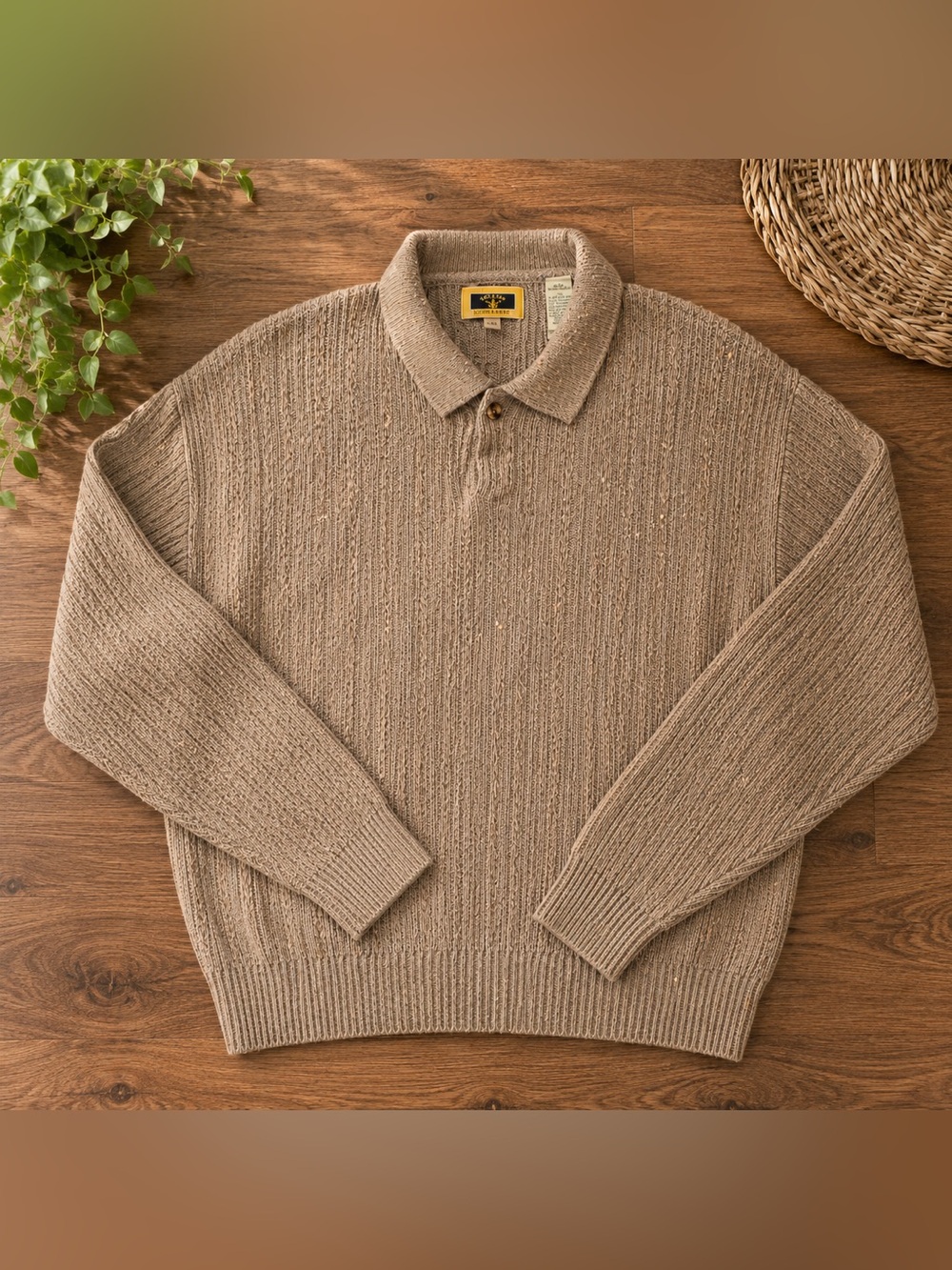 Joseph Abboud Vintage Linen Knit Polo Sweater Brown L